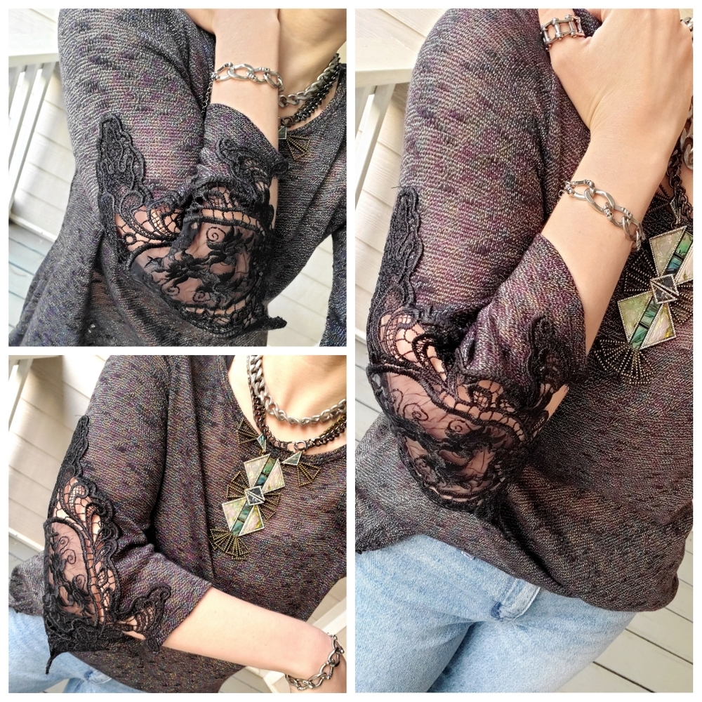 Buckle 3/4 Lace-sleeve Scoop Neck V-back Shimmery Rainbow Metallic Thread Tunic - Picture 4 of 16